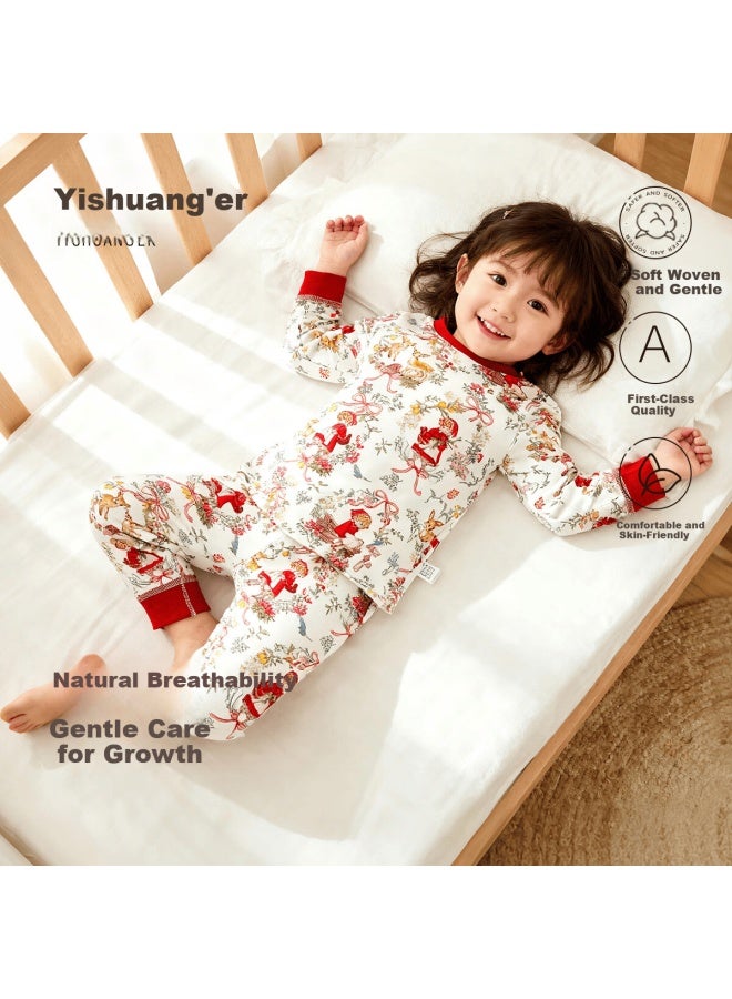 YISHUANGER Yishuang'er Baby Thermal Underwear Set Spring Autumn Winter Round Neck Belly Protection Shirt Pastoral Girl 120 - Image 1