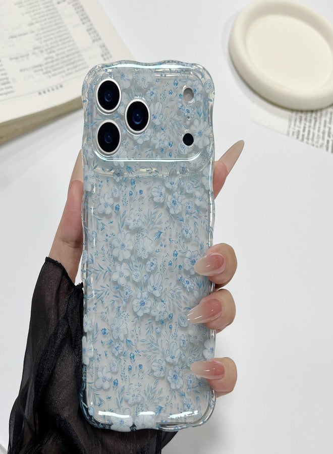 RALEAVO جراب RALEAVO مزين بالزهور لهاتف iPhone 17 Pro، جراب شفاف مزين بالزهور بتصميم مموج لطيف، غطاء مموج للبنات والسيدات، غطاء واقٍ ناعم ونحيف من مادة TPU مقاوم للصدمات لهاتف iPhone 17 Pro - زهرة زرقاء - Image 1