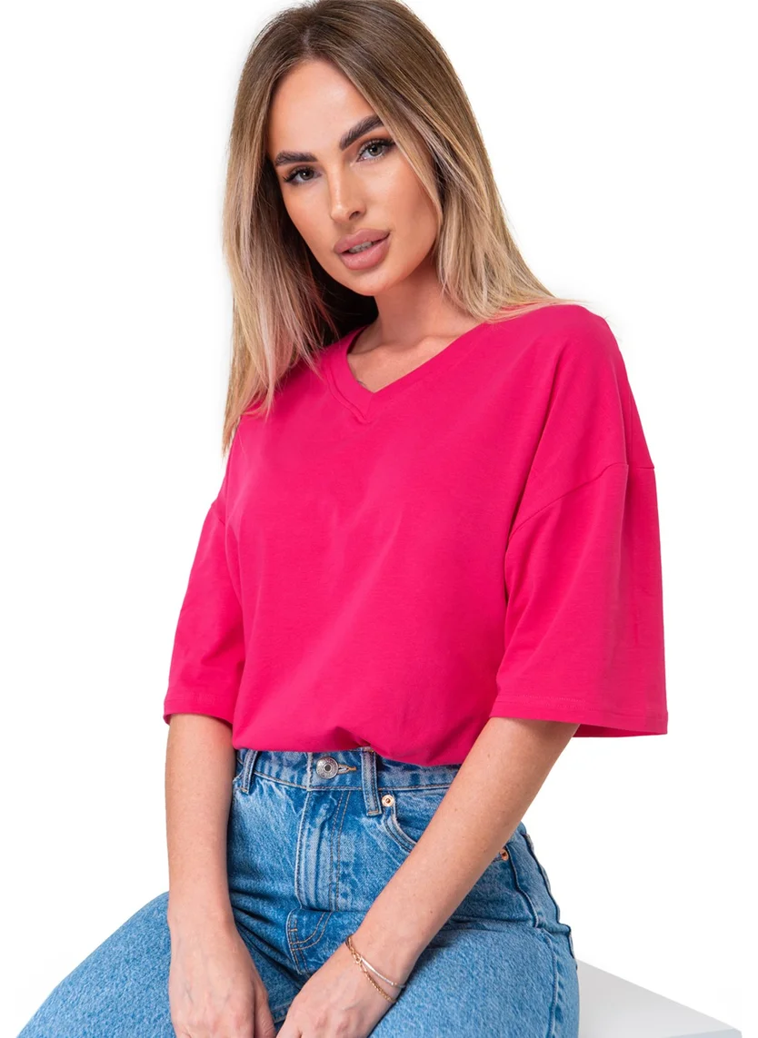 Happyfox Cotton Women's V-Neck Oversize T-Shirt Fuchsia