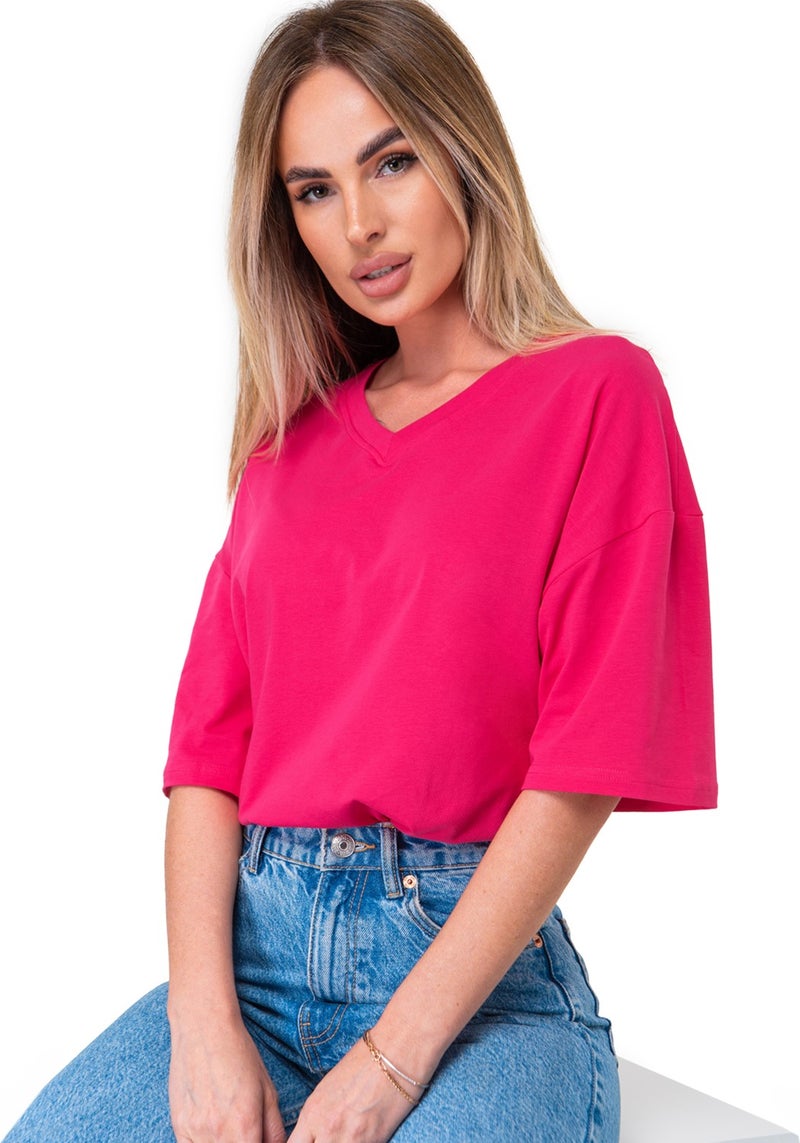 Happyfox Cotton Women's V-Neck Oversize T-Shirt Fuchsia  - Image 3