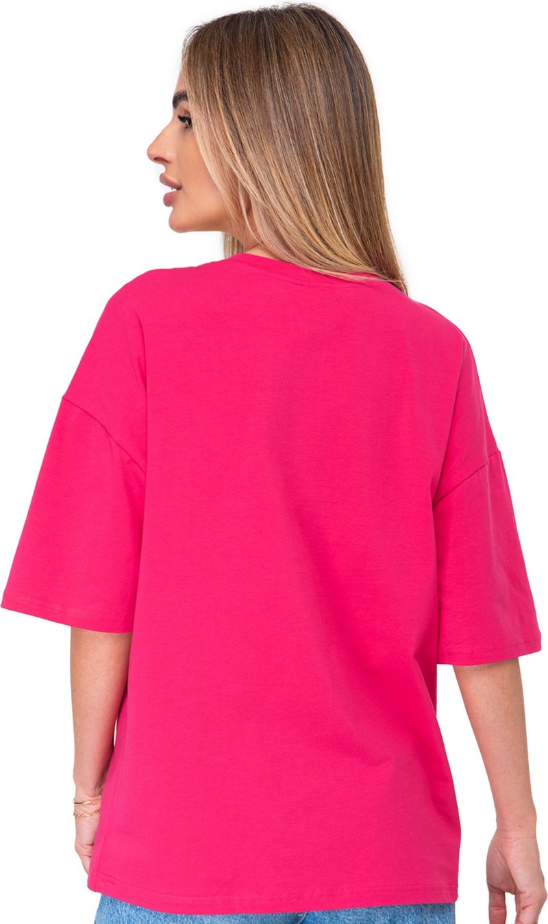 Happyfox Cotton Women's V-Neck Oversize T-Shirt Fuchsia  - Image 5