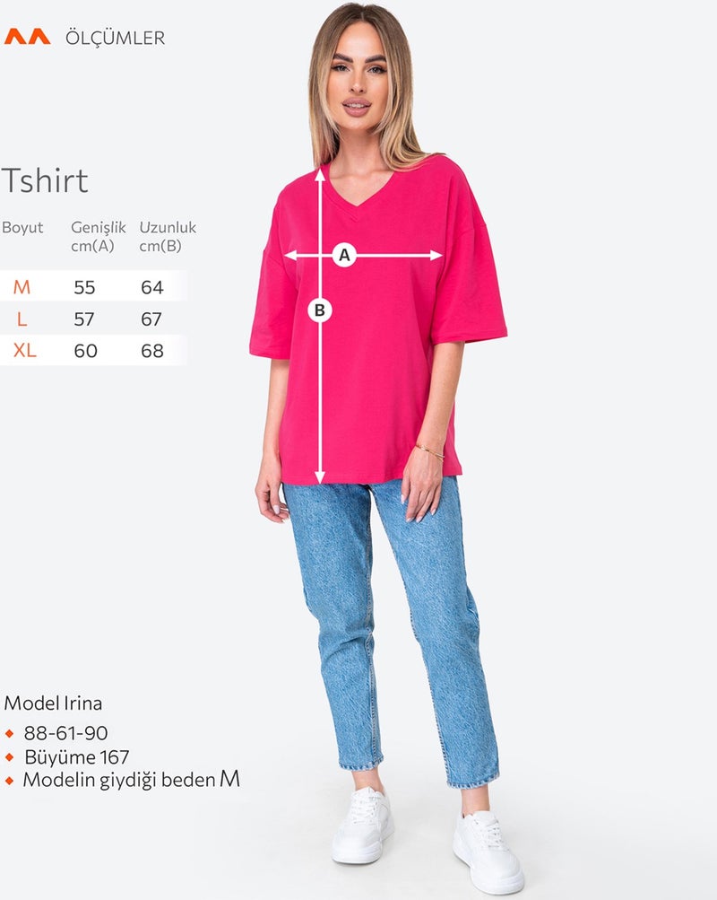 Happyfox Cotton Women's V-Neck Oversize T-Shirt Fuchsia  - Image 4
