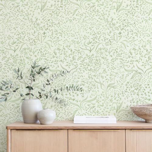 Simon&Siff Floral Peel and Stick Wallpaper Vintage Green Leaf Botanical Removable Wallpaper 17.3'' X 118'' French Farmhouse Wall Decor Mural for Bedroom Bathroom Nursery - Image 2