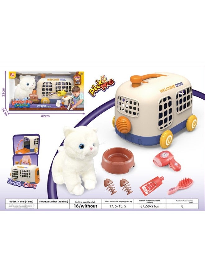 Children's Simulation Plush Cat Teddy Dog Pet Bus Cage Medical Tool Set Storage Plane Play House Toys-Color:Pet Bus Cage + Plush Cat Pure White English Short Cat + BB Whistle + Care Set + Sealed Box Packaging: 54 Boxes Minimum Order  - Image 4