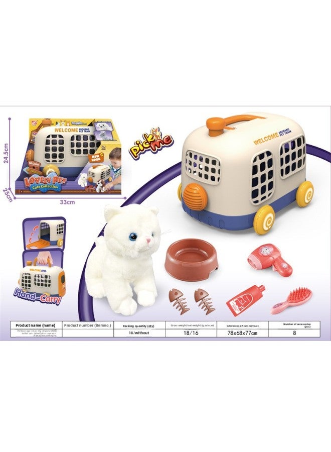 Children's Simulation Plush Cat Teddy Dog Pet Bus Cage Medical Tool Set Storage Plane Play House Toys-Color:Pet Bus Cage + Plush Cat Pure White English Short Cat + BB Whistle + Care Set + Sealed Box Packaging: 54 Boxes Minimum Order  - Image 1