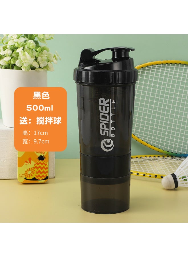 SPIDER BOTTLE Black 500ml Three-layer Shaker Cup, Large-capacity Fitness Water Cup, Sports Water Bottle, Protein Powder Milkshake Shaker Cup, Plastic Cup - Image 1