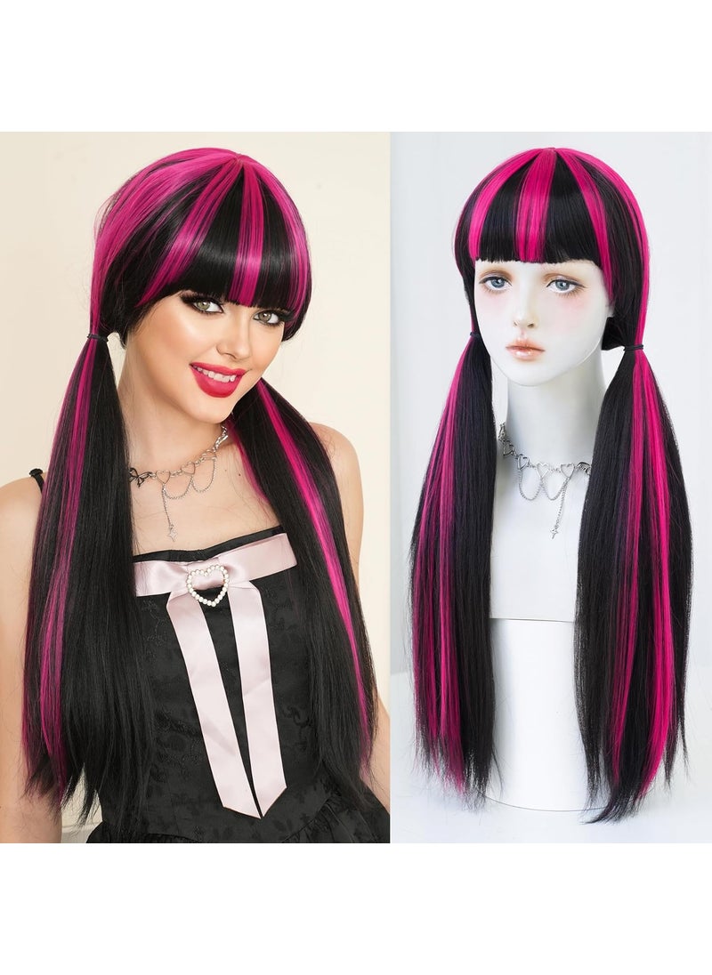 7JHH WIGS 7JHH WIGS Wigs 28in Long Straight Wig Halloween Lolita Double Ponytail Wig for Women Black Wig with Rose Pink Highlight Cosplay Party wigs High Temperature Heat Resistant Fiber Natural Hairline Wig 