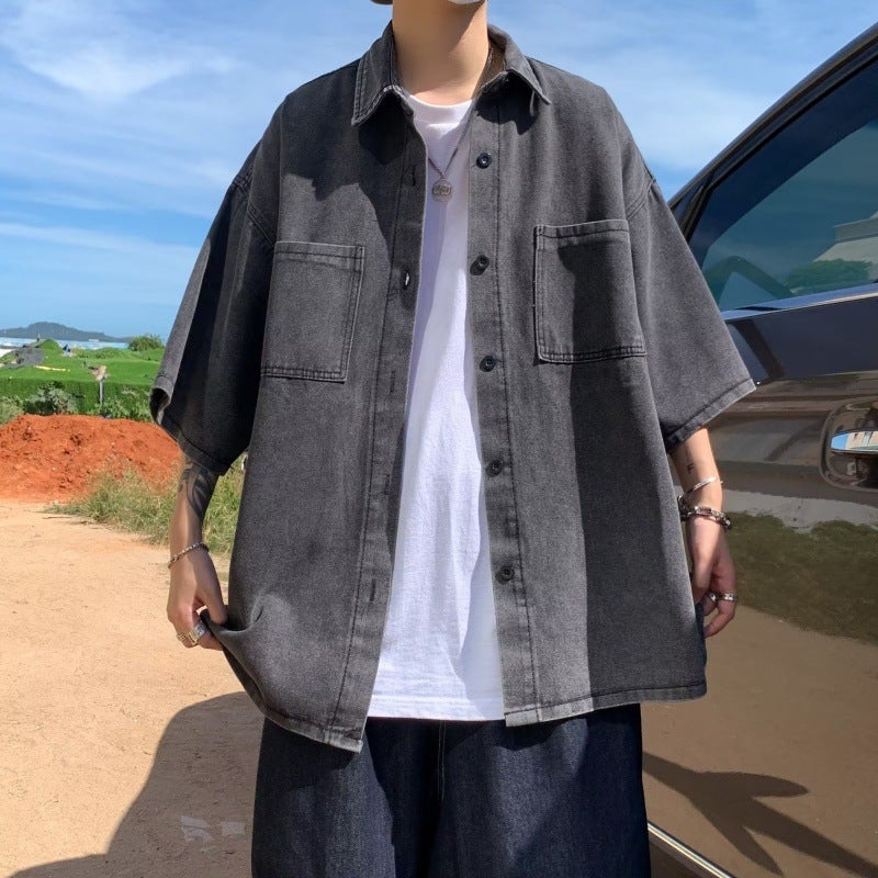 Shuai Shirt Men'S Short Sleeve Summer Hong Kong Style Japanese Style Denim Shirt Casual Fashionable Thin Jacket High-End Sense Top - Image 5