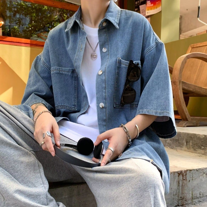 Shuai Shirt Men'S Short Sleeve Summer Hong Kong Style Japanese Style Denim Shirt Casual Fashionable Thin Jacket High-End Sense Top - Image 2