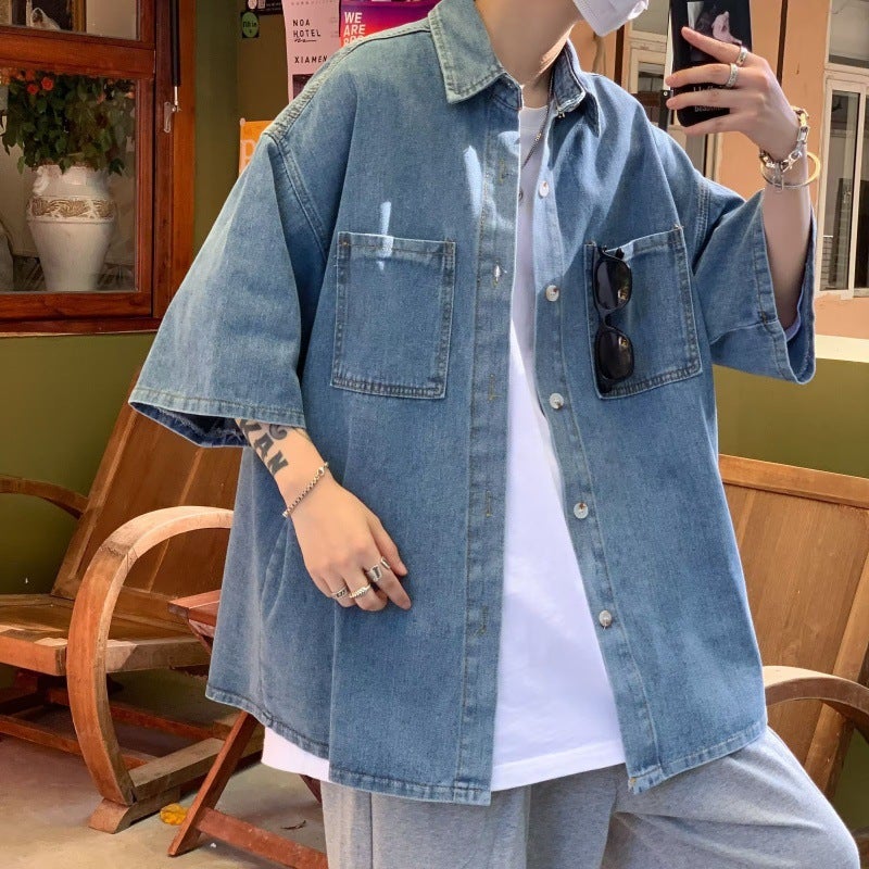 Shuai Shirt Men'S Short Sleeve Summer Hong Kong Style Japanese Style Denim Shirt Casual Fashionable Thin Jacket High-End Sense Top - Image 3