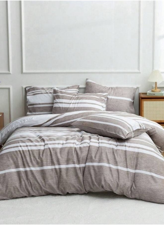 LUNA Home King Size 6 Piece Light Brown Striped Bedding Set  - Image 1