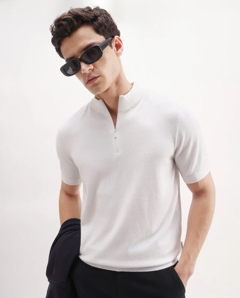 Rare Rabbit Men's High Neck Zipper Closure Solid Polo