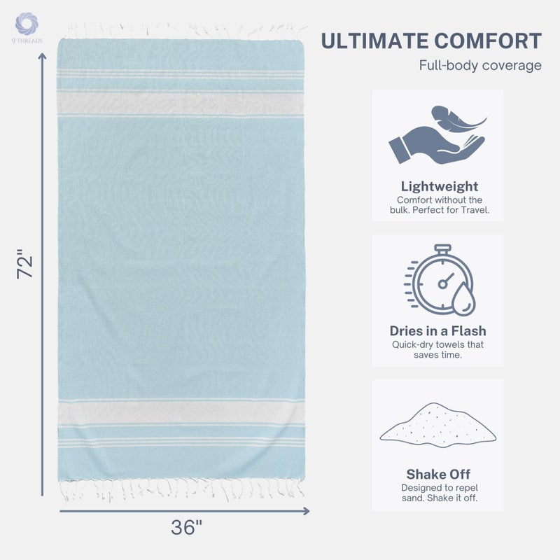 9Threads Cotton Turkish Beach Towel with Towels Oversized 36"x72" Pool Absorbent Extra Large Quick Dry Sand Travel Towel (Aqua Blue, 4 Pack) - Image 5