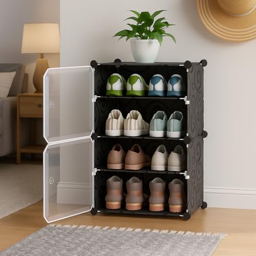 KRISHYAM® DIY Plastic Shoe Rack with Door Cover | 4 Layer Foldable Shoes Rack for Home | Dustproof Chappal & Slipper Stand | Multipurpose Organizer for Entryway & Bedroom(4 Shelves-2 Door (Black)) - Image 5