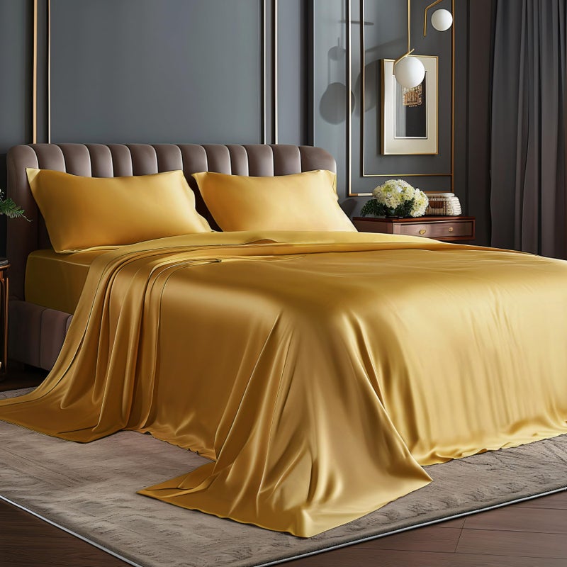BEDELITE Satin Sheets Queen Size Bed Set, Luxury Soft Gold Silky Sheets for Hair and Skin, Similar to Silk Bed Sheets Set 4 Pieces with 1 Deep Pocket Fitted Sheet, 1 Flat Sheet, and 2 Pillowcases - Image 1