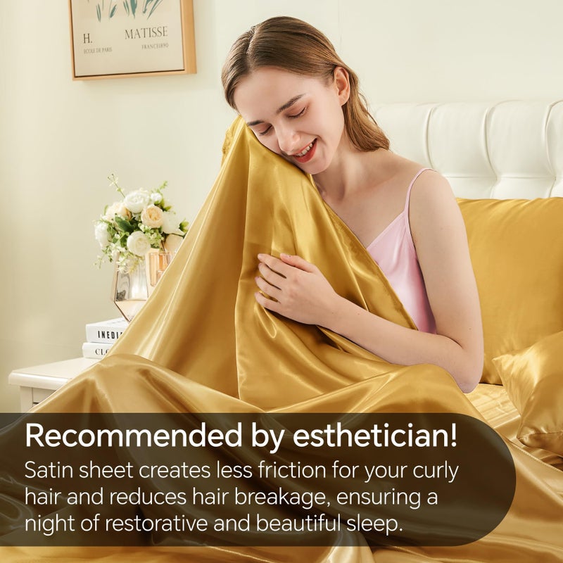 BEDELITE Satin Sheets Queen Size Bed Set, Luxury Soft Gold Silky Sheets for Hair and Skin, Similar to Silk Bed Sheets Set 4 Pieces with 1 Deep Pocket Fitted Sheet, 1 Flat Sheet, and 2 Pillowcases - Image 4