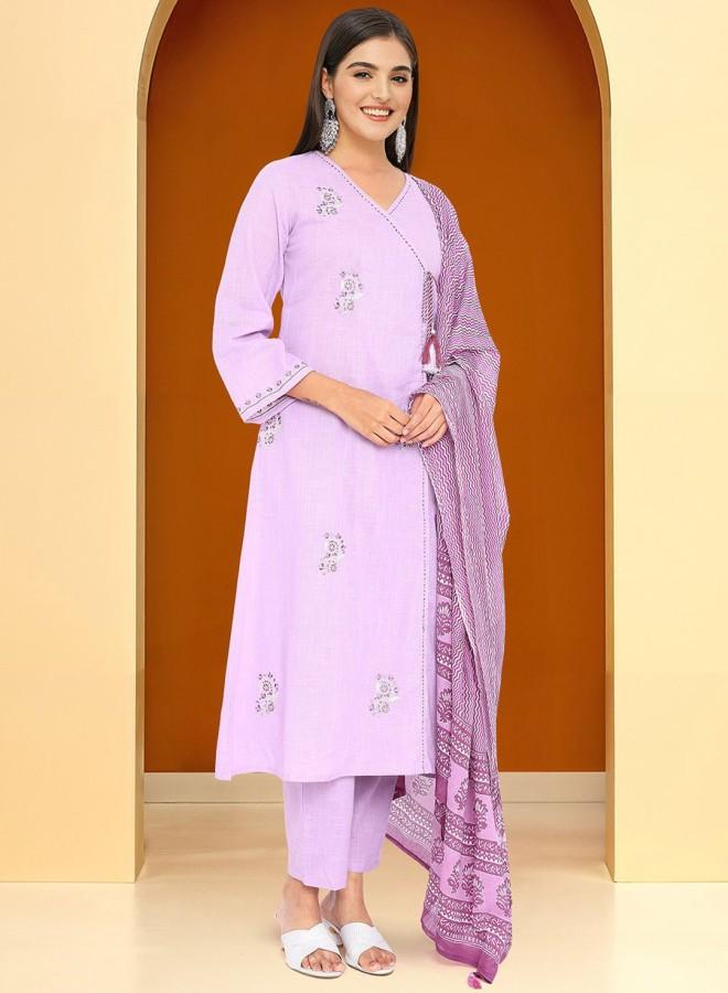 ISHIN Women'S Lilac 100% Cotton Embroidered Tunic Full Length Palazzo Straight Fit Kurta Set - Image 3