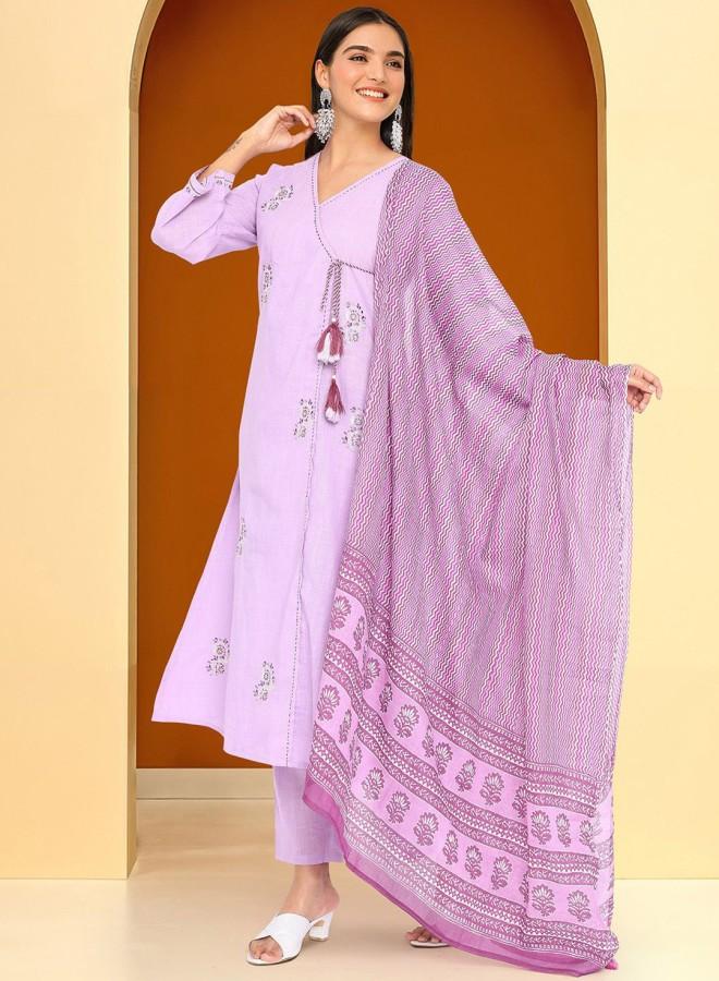 ISHIN Women'S Lilac 100% Cotton Embroidered Tunic Full Length Palazzo Straight Fit Kurta Set - Image 5