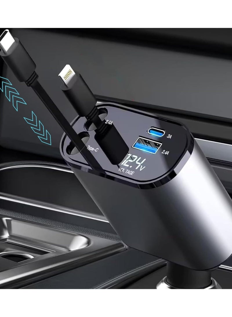 ACLIX 4-in-1 Car Charger with Dual Retractable Cable, Dual Port USB CORD Fast Charging Car Adapter Car  with Voltage Display Compatible with iPhone 14 13 Pro Max, iPad, Samsung - Image 2