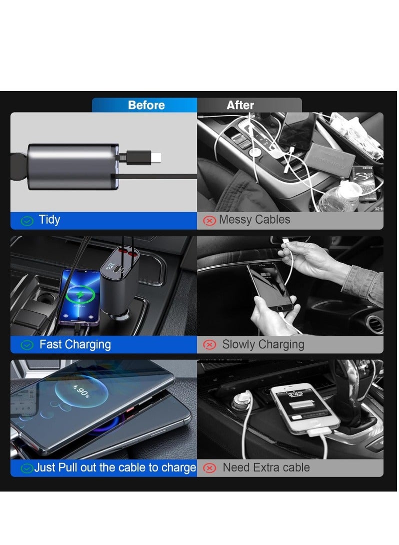 ACLIX 4-in-1 Car Charger with Dual Retractable Cable, Dual Port USB CORD Fast Charging Car Adapter Car  with Voltage Display Compatible with iPhone 14 13 Pro Max, iPad, Samsung - Image 3