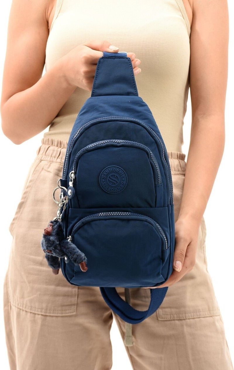 Sanmorris Unisex Crumple Fabric Water Resistant Crossbody Navy Blue Shoulder and Chest Bag  - Image 1