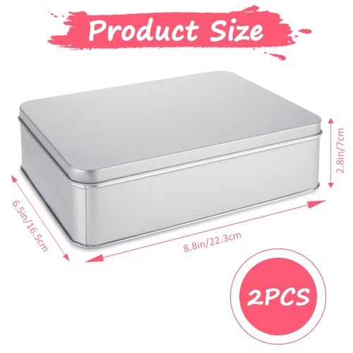 ZOFORTY 2Pcs Metal Tin Box, 8.6”x 6.3”x 2.5”Rectangular Empty Tin Box Containers with Lids, Large Tinplate Containers for Home Organizer, Gifts, Cookies, Pencil Case, Car Keys, Craft Storage, Silver Tone - Image 2