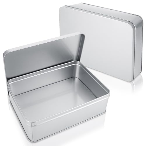 ZOFORTY 2Pcs Metal Tin Box, 8.6”x 6.3”x 2.5”Rectangular Empty Tin Box Containers with Lids, Large Tinplate Containers for Home Organizer, Gifts, Cookies, Pencil Case, Car Keys, Craft Storage, Silver Tone - Image 1