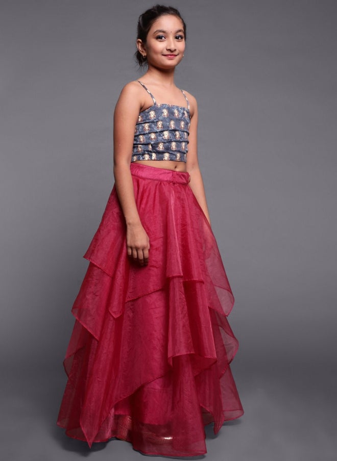 AKS Pink and Grey Lehenga Choli Set for Girls - Image 4