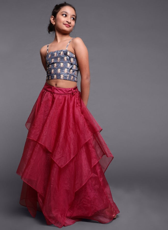AKS Pink and Grey Lehenga Choli Set for Girls - Image 1