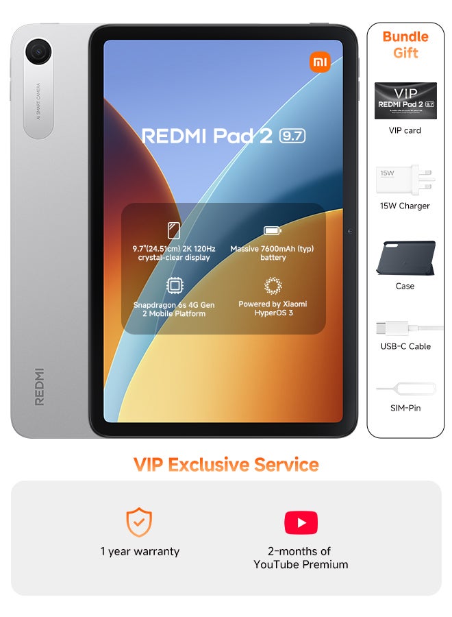 Xiaomi REDMI Pad 2 9.7-inch Silver 4GB RAM 64GB WiFi with Cover - Global Version - Image 1