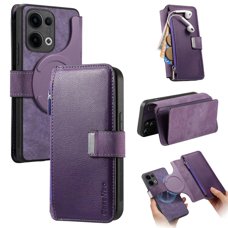 HuHa Case Cover For OPPO Reno13 CaseNeo MagSafe RFID Anti-theft Zipper Wallet Retro Leather Phone Case(Purple) - Image 1
