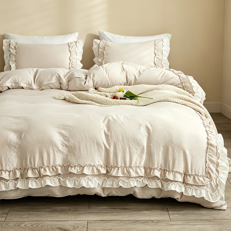 3pcs Korean Style Double-Layer Lace Bedding, Includes 1 Duvet Cover and 2 Pillowcases (filling Not Included). The Duvet Cover Features a Zipper for Easy Removal and Washing. Made of Comfortable and Soft Fabric, Suitable for All-season Bedroom Decor - Image 1
