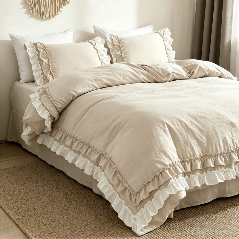 3pcs Korean Style Double-Layer Lace Bedding, Includes 1 Duvet Cover and 2 Pillowcases (filling Not Included). The Duvet Cover Features a Zipper for Easy Removal and Washing. Made of Comfortable and Soft Fabric, Suitable for All-season Bedroom Decor - Image 4