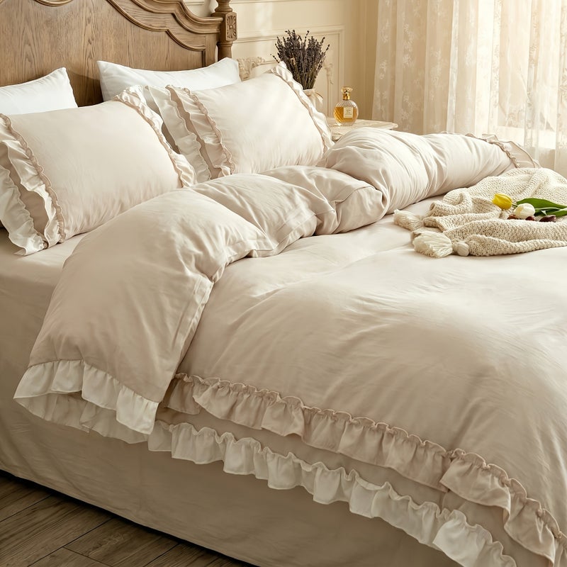 3pcs Korean Style Double-Layer Lace Bedding, Includes 1 Duvet Cover and 2 Pillowcases (filling Not Included). The Duvet Cover Features a Zipper for Easy Removal and Washing. Made of Comfortable and Soft Fabric, Suitable for All-season Bedroom Decor - Image 5