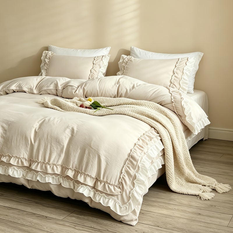3pcs Korean Style Double-Layer Lace Bedding, Includes 1 Duvet Cover and 2 Pillowcases (filling Not Included). The Duvet Cover Features a Zipper for Easy Removal and Washing. Made of Comfortable and Soft Fabric, Suitable for All-season Bedroom Decor - Image 2