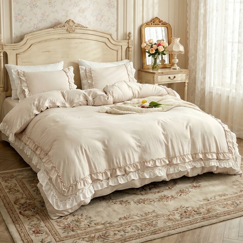 3pcs Korean Style Double-Layer Lace Bedding, Includes 1 Duvet Cover and 2 Pillowcases (filling Not Included). The Duvet Cover Features a Zipper for Easy Removal and Washing. Made of Comfortable and Soft Fabric, Suitable for All-season Bedroom Decor - Image 3