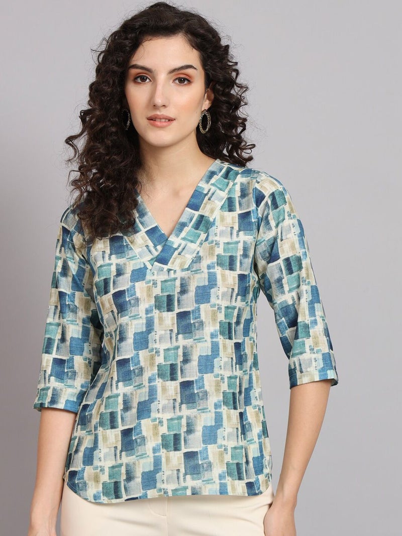 Powersutra Regular Fit V-Neck Top for Women - Blue and Green - Image 1