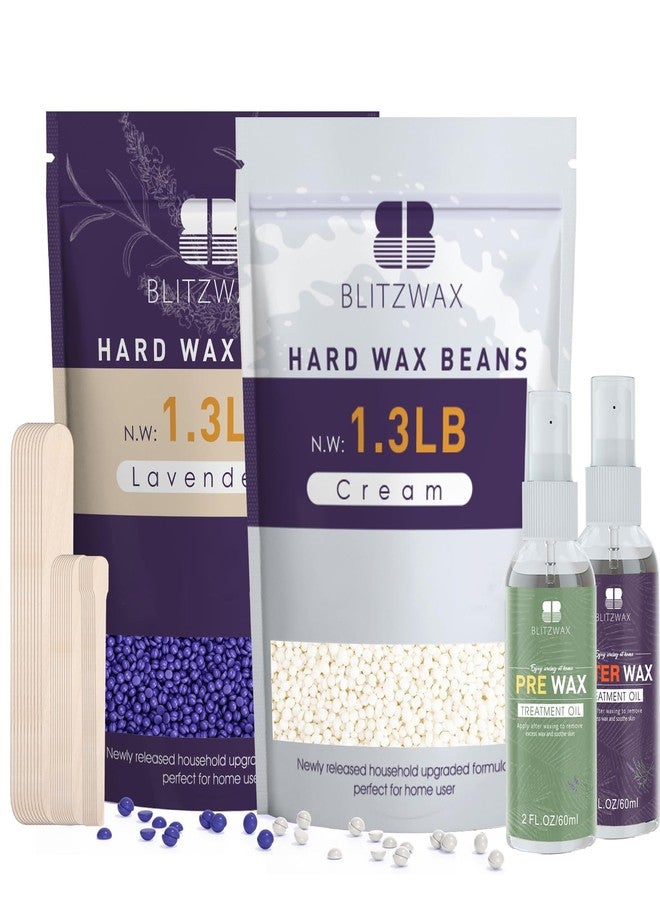 BLITZWAX بلتزووكس 2.6 رطل حبيبات شمع صلب لإزالة الشعر، شمع لافندر وكريم للوجه والبرازيلية والبيكيني، مع 30 عصا شمع و 2 زيوت شمع للنساء والرجال، 2 عبوات - Image 1