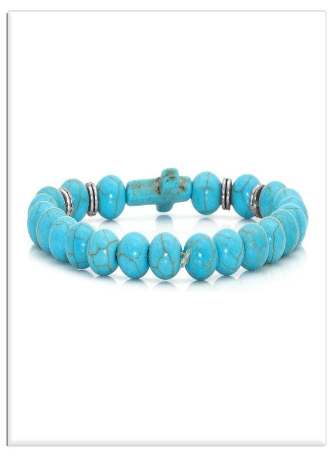 Xusamss Fashion Religious Cross Bracelet Agate Turquoise Beads Stretchable Bracelet(Green White) - Image 2