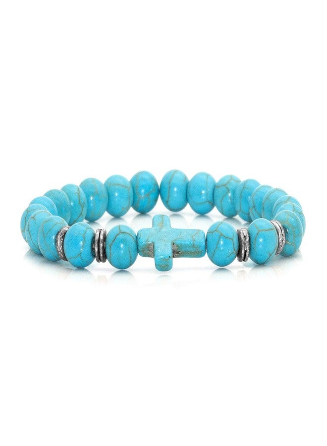 Xusamss Fashion Religious Cross Bracelet Agate Turquoise Beads Stretchable Bracelet(Green White) - Image 1
