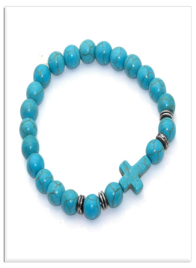 Xusamss Fashion Religious Cross Bracelet Agate Turquoise Beads Stretchable Bracelet(Green White) - Image 4