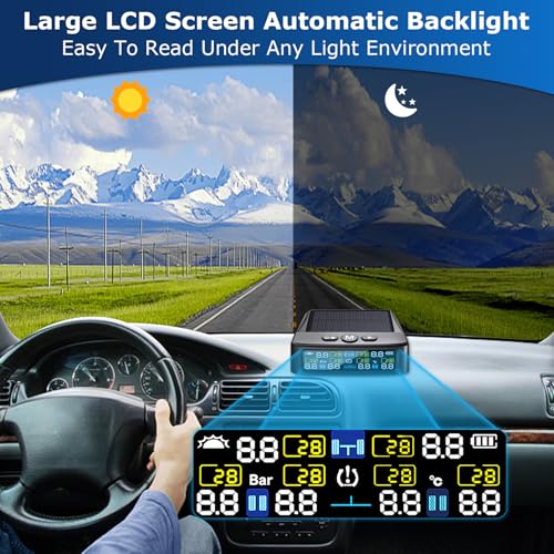 LETOURWM RV Tire Pressure Monitoring System -TPMS Tire Pressure Monitor with 6 Sensors,M12-3 TPMS Solar Charge & USB Color LCD Display, 0-9.9BAR/144PSI Range, 6 Alarm Modes for RV/Trailer/Truck IP67 - Image 4