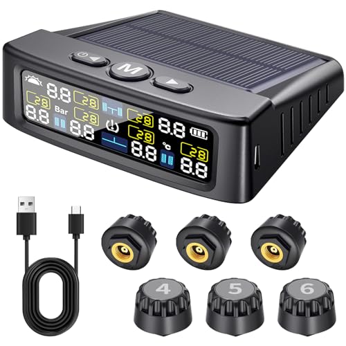 LETOURWM RV Tire Pressure Monitoring System -TPMS Tire Pressure Monitor with 6 Sensors,M12-3 TPMS Solar Charge & USB Color LCD Display, 0-9.9BAR/144PSI Range, 6 Alarm Modes for RV/Trailer/Truck IP67 - Image 1
