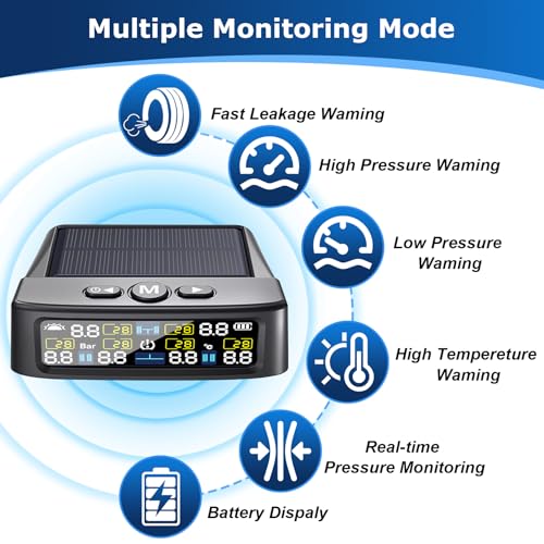 LETOURWM RV Tire Pressure Monitoring System -TPMS Tire Pressure Monitor with 6 Sensors,M12-3 TPMS Solar Charge & USB Color LCD Display, 0-9.9BAR/144PSI Range, 6 Alarm Modes for RV/Trailer/Truck IP67 - Image 2