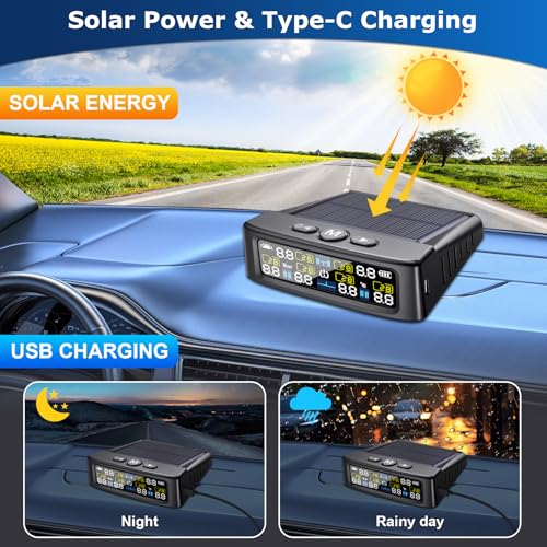 LETOURWM RV Tire Pressure Monitoring System -TPMS Tire Pressure Monitor with 6 Sensors,M12-3 TPMS Solar Charge & USB Color LCD Display, 0-9.9BAR/144PSI Range, 6 Alarm Modes for RV/Trailer/Truck IP67 - Image 5