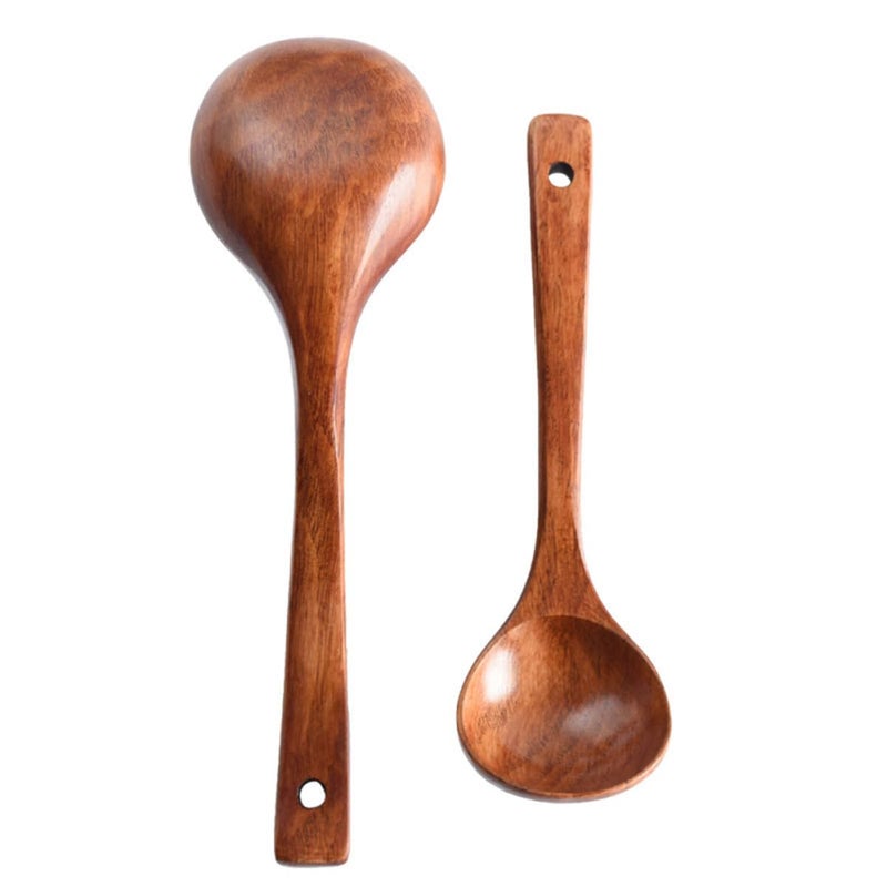 3Pcs Solid Wood Soup Spoons Set Long Handle Kitchen Restaurant Serving Utensils - Image 3