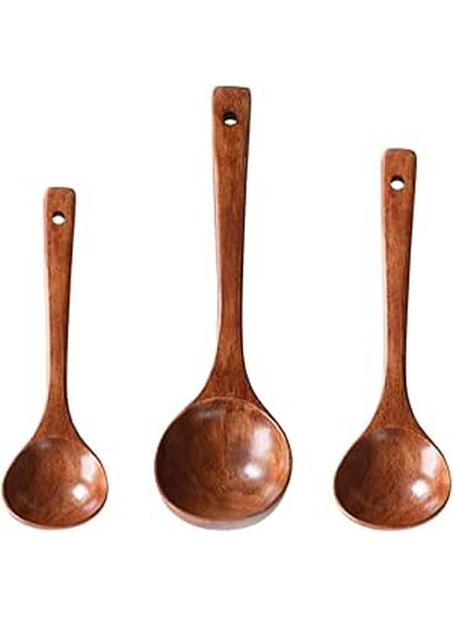 3Pcs Solid Wood Soup Spoons Set Long Handle Kitchen Restaurant Serving Utensils - Image 1