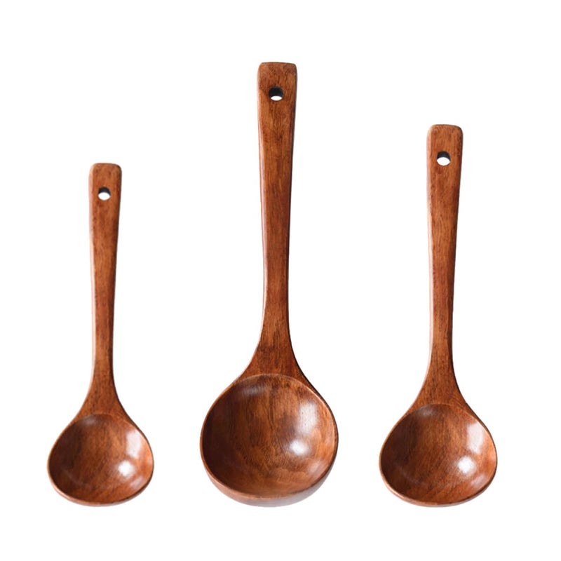 3Pcs Solid Wood Soup Spoons Set Long Handle Kitchen Restaurant Serving Utensils - Image 2