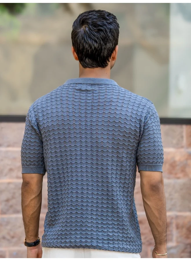 Maniac  Maniac Mens textured polo neck half sleeve dark grey flatknit cotton t-shirt for Men | Best Price UAE
