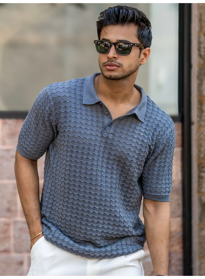 Maniac  Maniac Mens textured polo neck half sleeve dark grey flatknit cotton t-shirt for Men | Best Price UAE